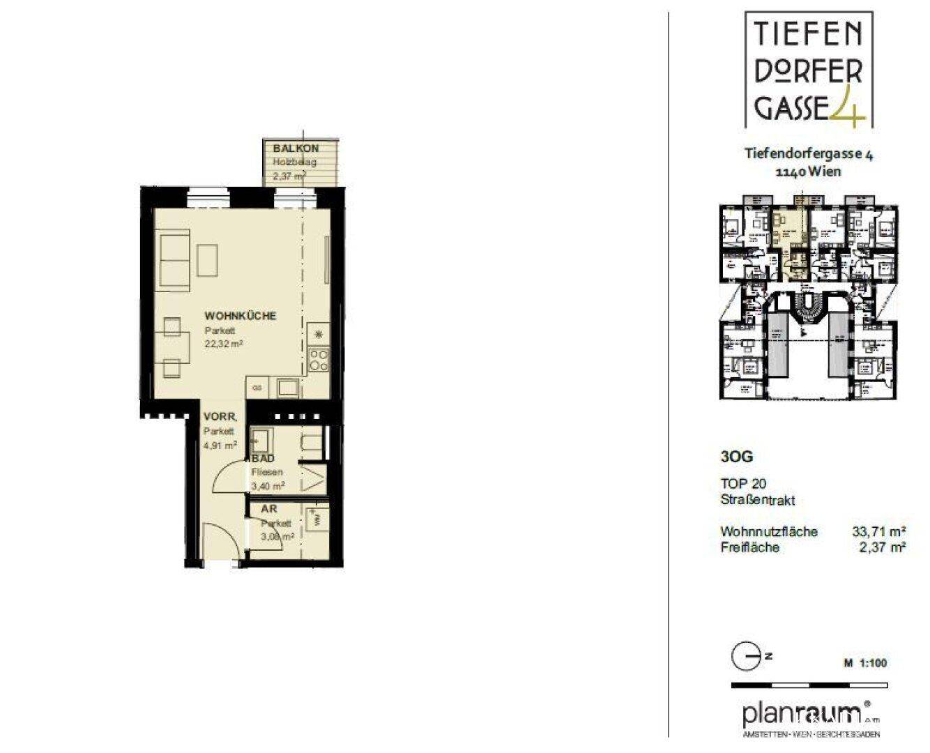 Grundriss einer kleinen Wohnung mit offener Wohnküche, Balkon und separatem Abstellraum.