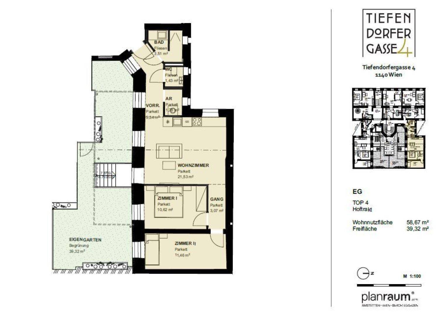Grundriss der Erdgeschosswohnung TOP 4 mit offenem Wohnbereich, zwei Schlafzimmern, Bad, separatem WC und eigenem Garten.