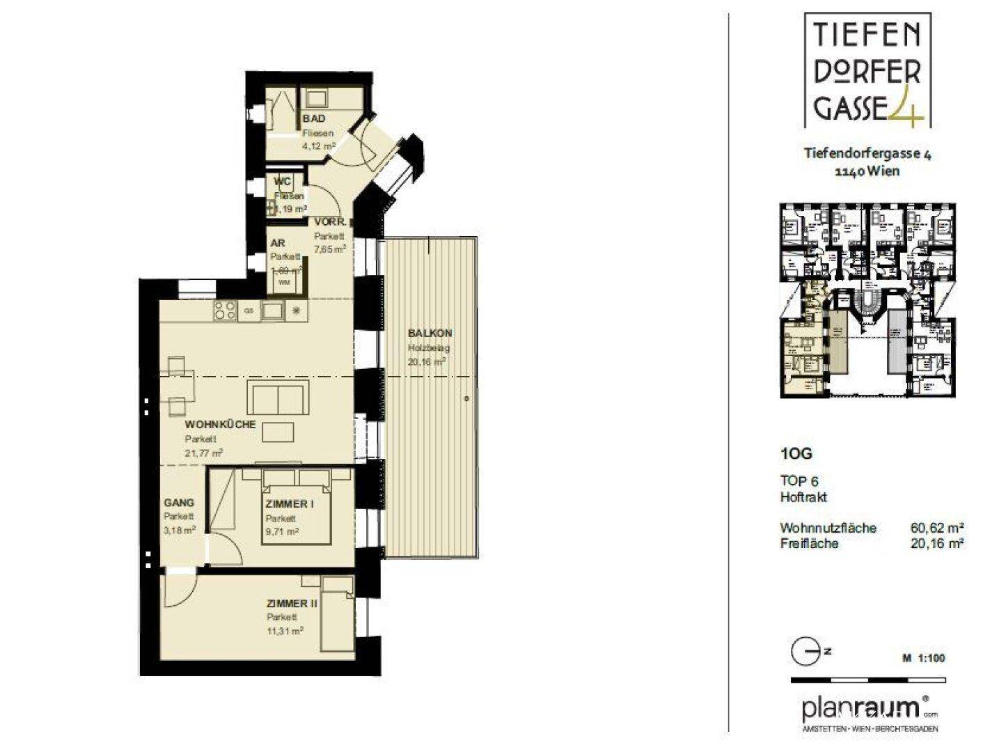 Grundriss einer Wohnung mit offener Wohnküche, zwei Schlafzimmern, Bad, separatem WC und einem Balkon.