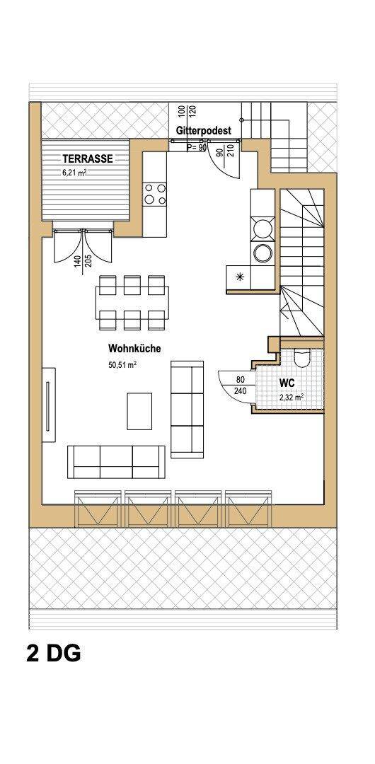 Grundriss des zweiten Dachgeschosses mit Wohnküche, Terrasse und Gäste-WC.