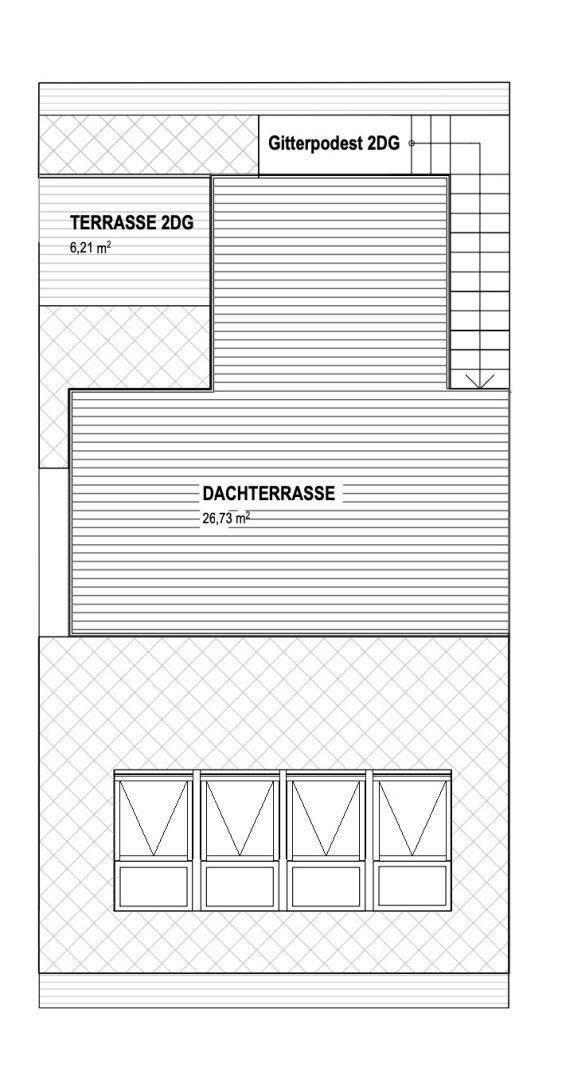 Grundriss der Dachterrasse mit Zugang und weiterer kleinerer Terrasse.