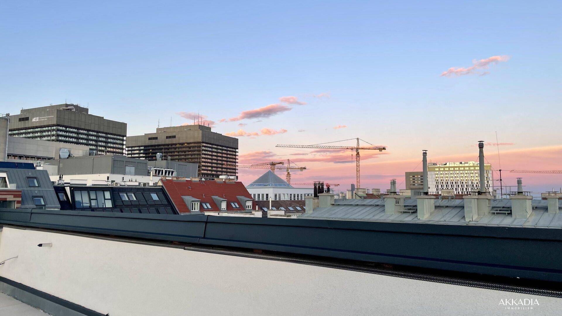 Panoramablick über die Dächer der Stadt bei Sonnenuntergang mit Kränen und Gebäuden.