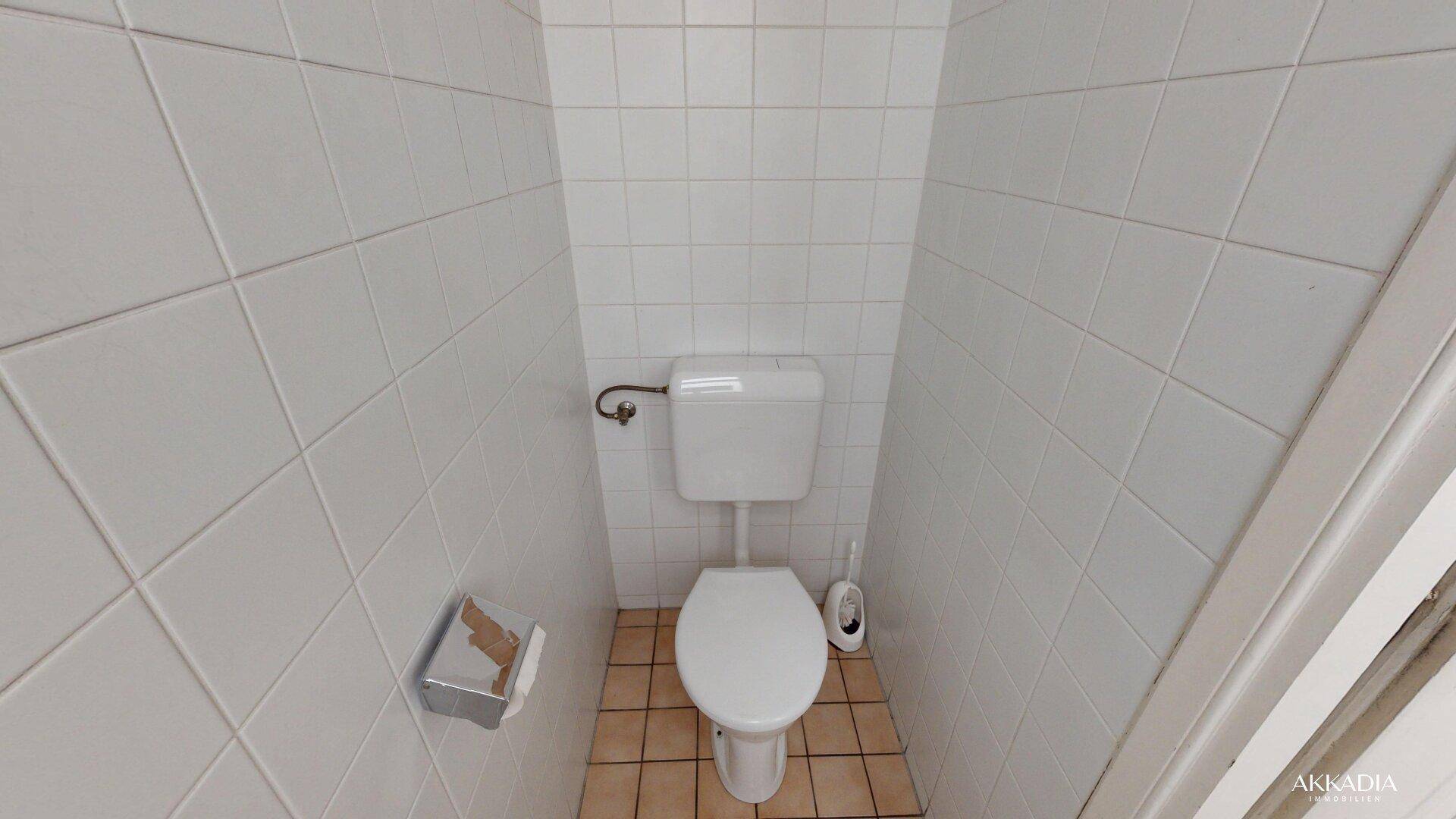 Kleiner Toilettenraum mit weißen Fliesen an Wänden und Boden, ausgestattet mit einer Standardtoilette.