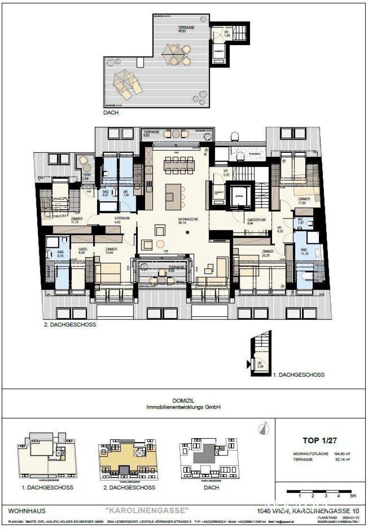 Detaillierter Grundriss einer Maisonette-Wohnung mit zwei Dachgeschossen und großer Dachterrasse.