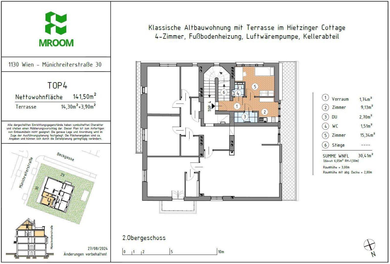 Grundriss des 2. Obergeschosses mit Zimmern, Bad und Terrasse, Gesamtfläche 141,50m².