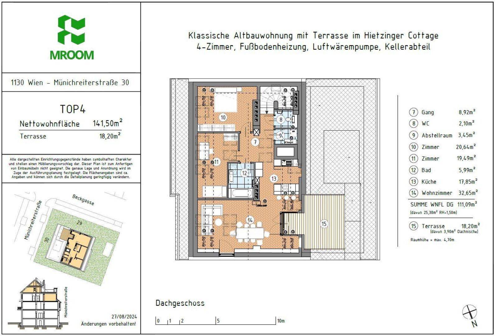 Grundriss des Dachgeschosses mit Wohnbereich, Küche, Bad und großer Terrasse.
