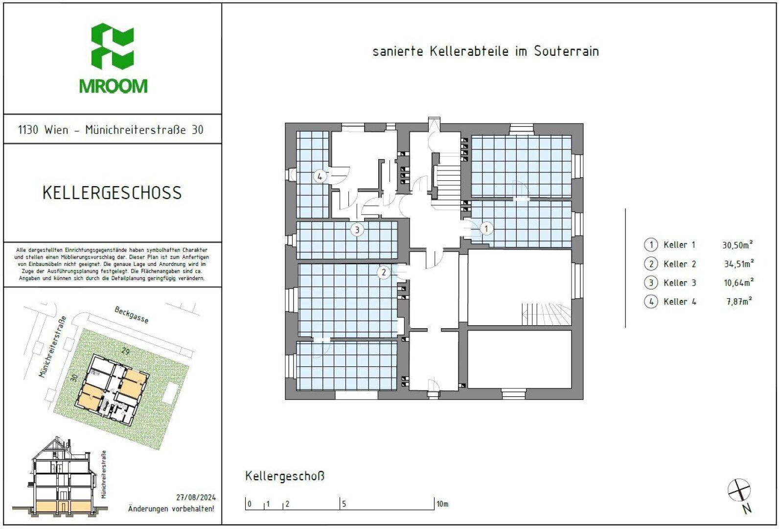Grundriss des Kellergeschosses mit vier Kellerräumen und Treppenhaus.
