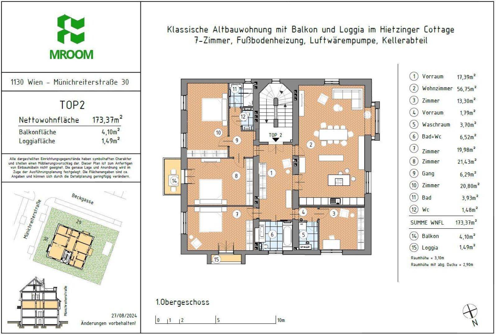 Grundriss des Obergeschosses mit mehreren Zimmern, Balkon und Loggia.
