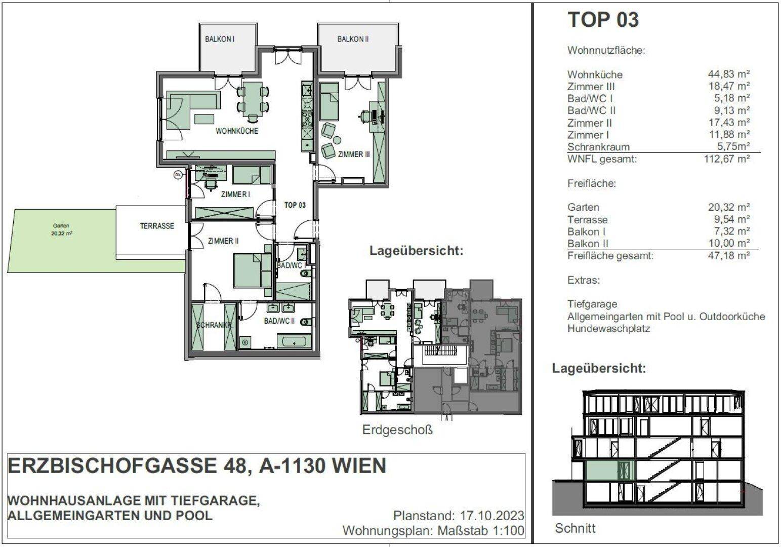 Grundriss der Wohneinheit TOP 03 mit Wohnküche, Terrasse und zwei Balkonen.
