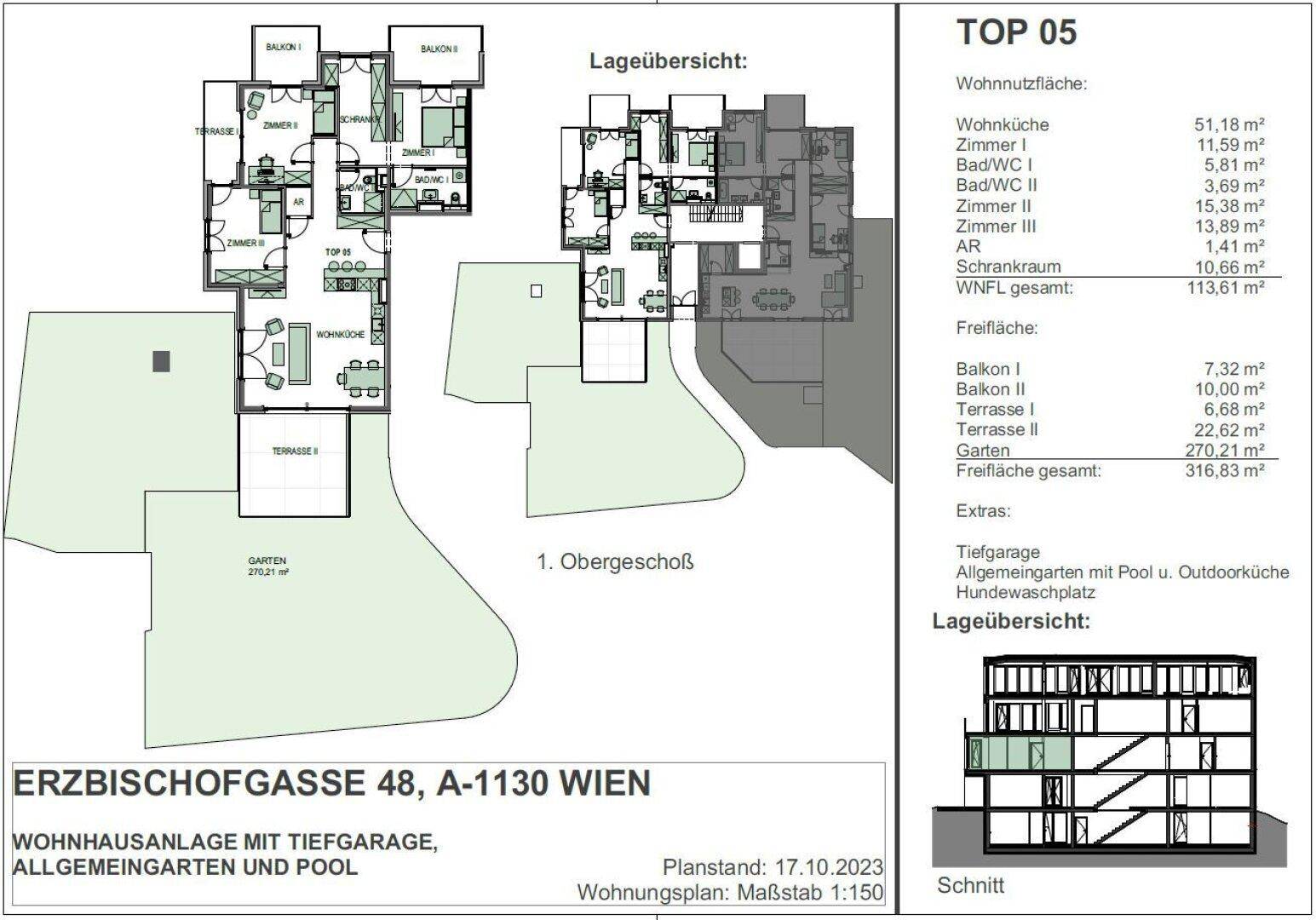 Detaillierter Grundriss mit Wohnflächenangaben, Balkonen, Terrassen, Garten und Gemeinschaftsbereichen.
