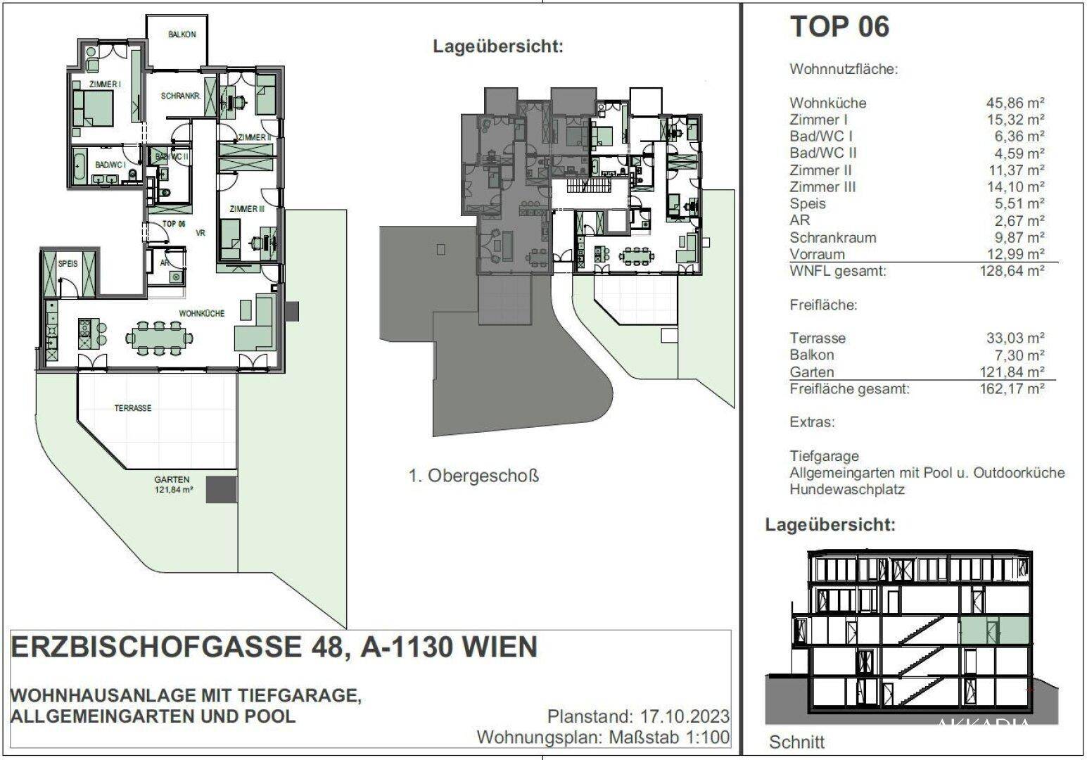 Detaillierter Grundriss für Top 06 mit Wohnküche, drei Zimmern, Terrasse und Garten.