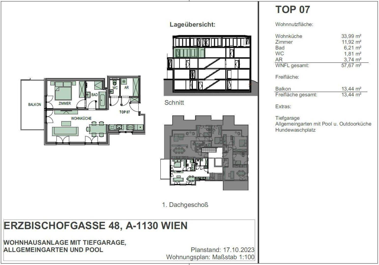 Grundriss der Einheit TOP 07 mit Wohnküche, Schlafzimmer, Bad, WC, Abstellraum und Balkon.