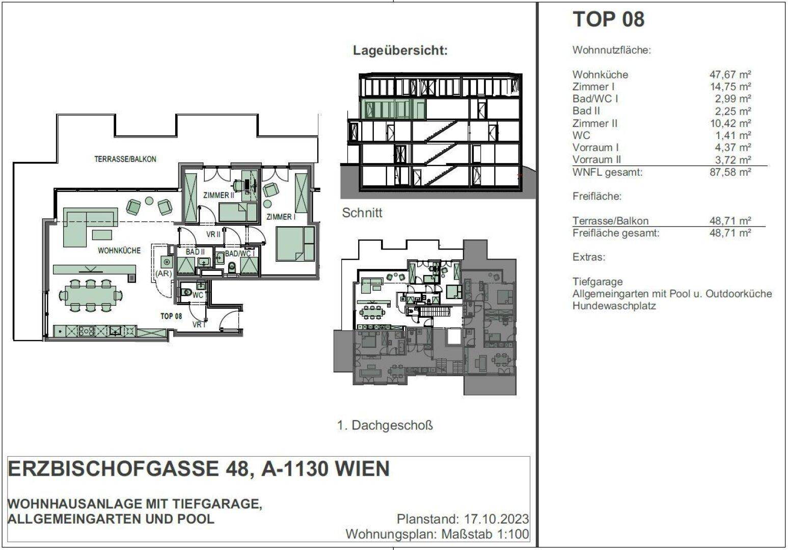 Detaillierter Grundriss der Wohnung TOP 08 mit Wohnküche, zwei Bädern und großer Terrasse/Balkon.