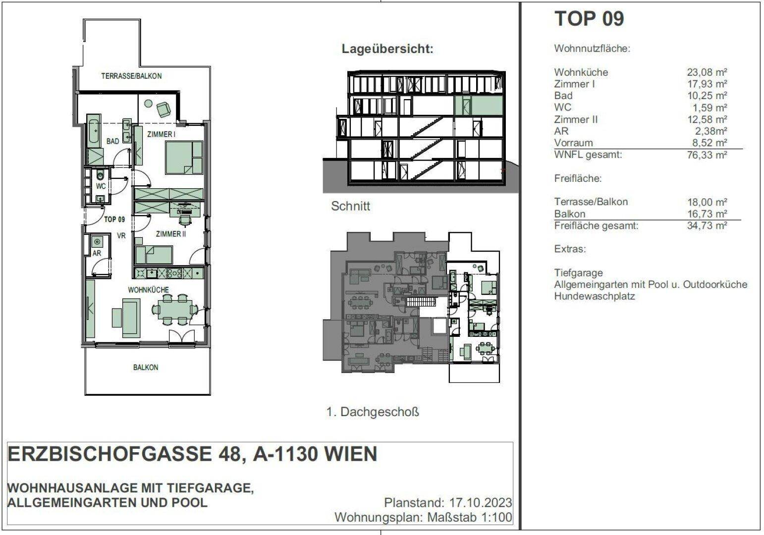 Grundriss der Wohnung TOP 09 mit Wohnküche, zwei Zimmern, Bad und Balkon/Terrasse.