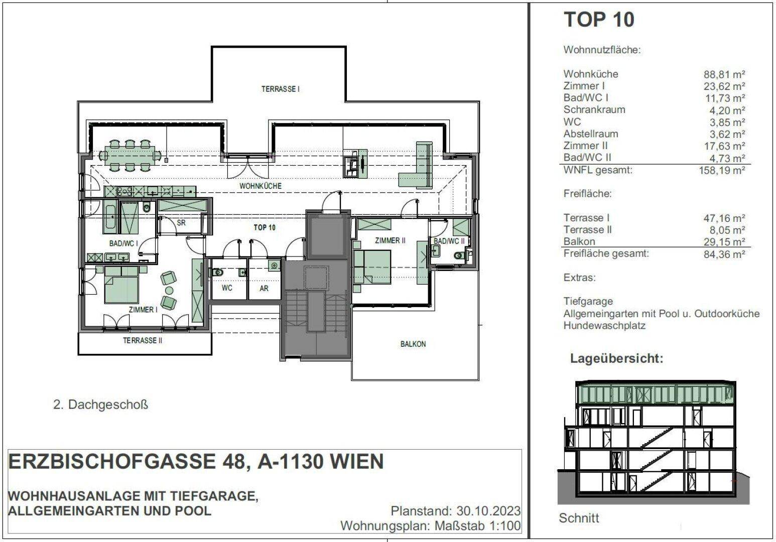 Grundriss des 2. Dachgeschosses mit Wohnküche, zwei Zimmern, Bädern und mehreren Terrassen.