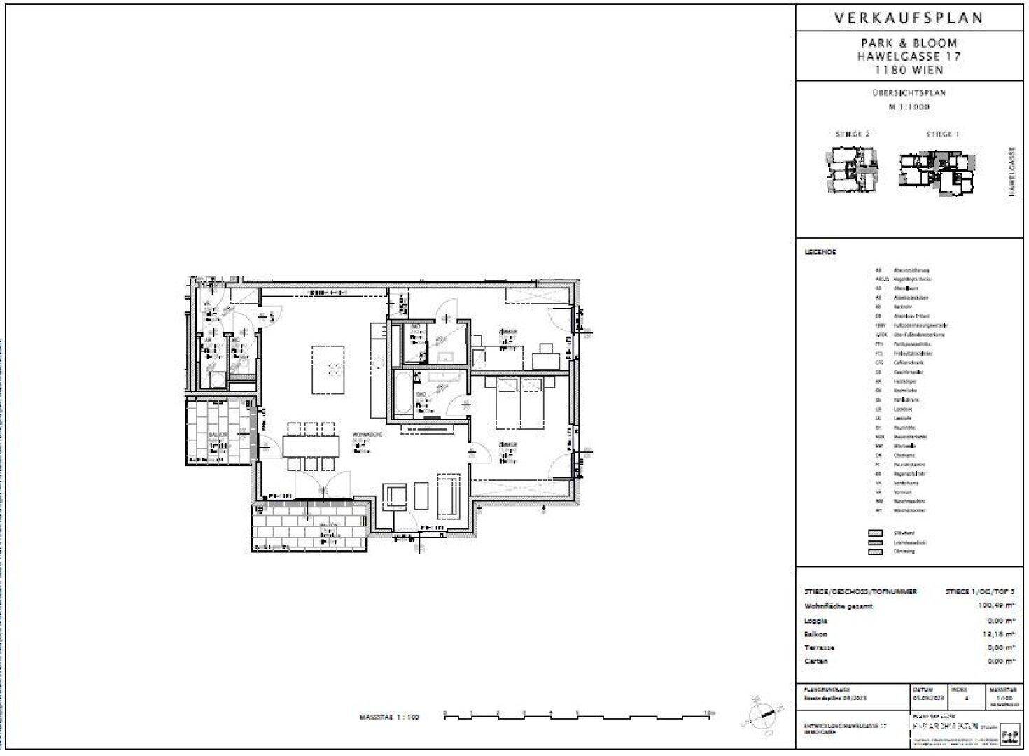 Detaillierter Verkaufsplan einer Wohnung mit offenem Wohnbereich, Balkon und Terrasse.