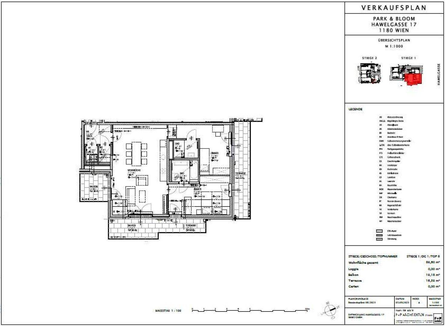 Detaillierter Verkaufsplan einer Wohnung mit Loggia, Terrasse und Gartenanteil.