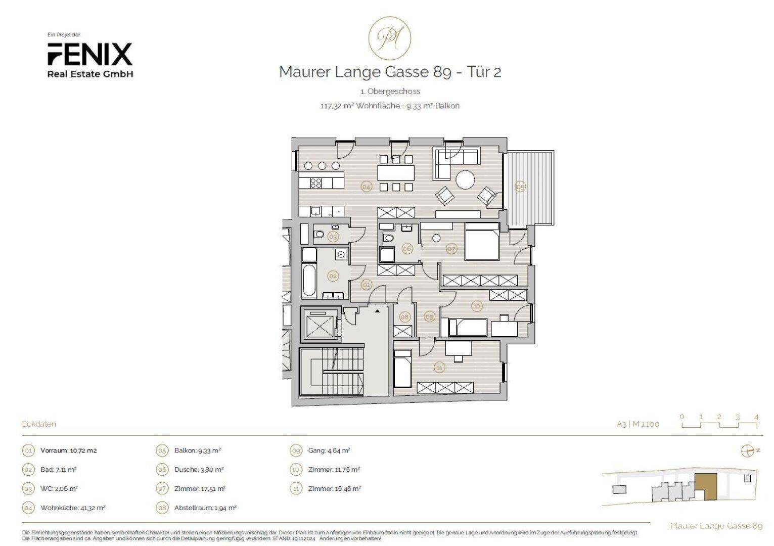 Grundriss einer Wohnung im Obergeschoss mit mehreren Zimmern, Balkon und offenem Wohnbereich.