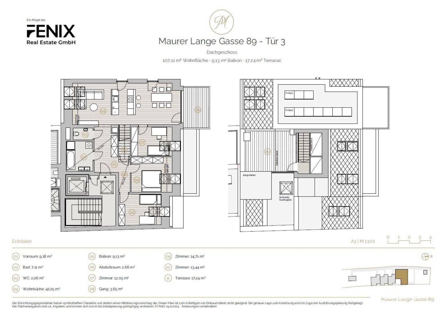 Detaillierter Grundriss einer Maisonette-Wohnung mit offenem Wohnbereich, Terrasse und Balkon.