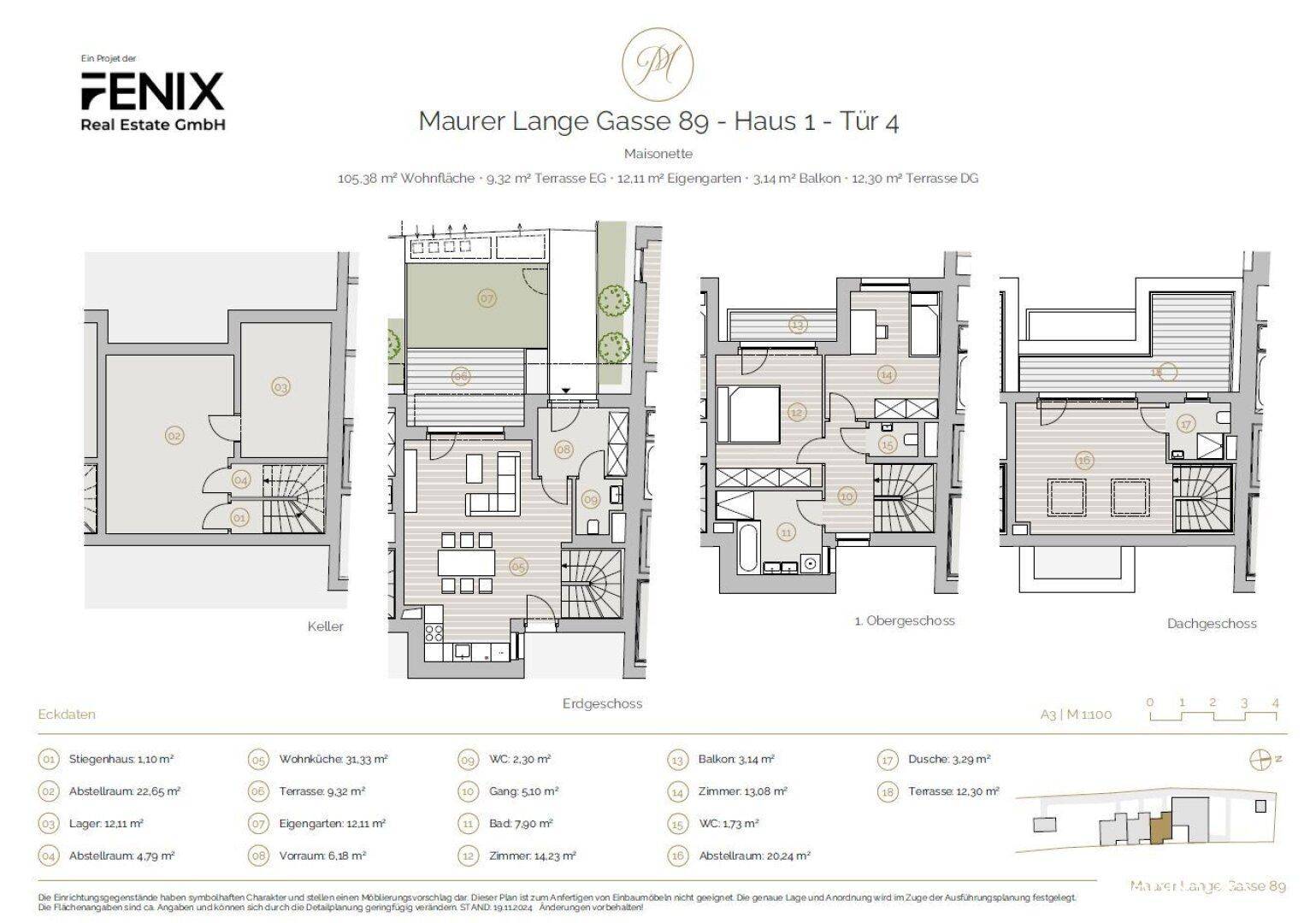 Detaillierter Grundriss einer Maisonette über vier Ebenen mit Keller, Garten, Terrasse und Balkon.