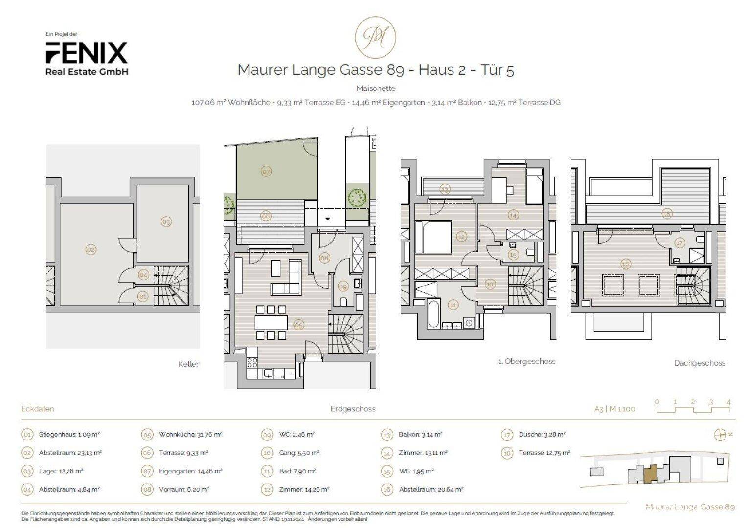 Detaillierter Grundriss einer Maisonette-Wohnung über mehrere Etagen mit Balkon und Terrasse.