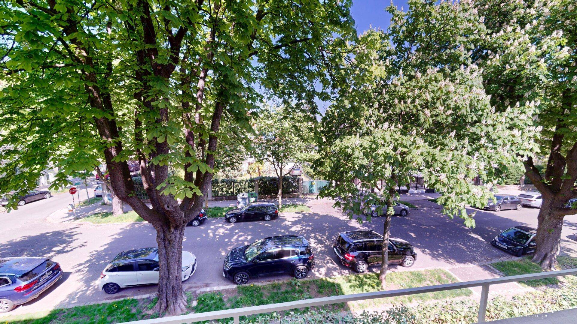 Blick von einem Balkon auf eine von Bäumen gesäumte Straße mit parkenden Autos.