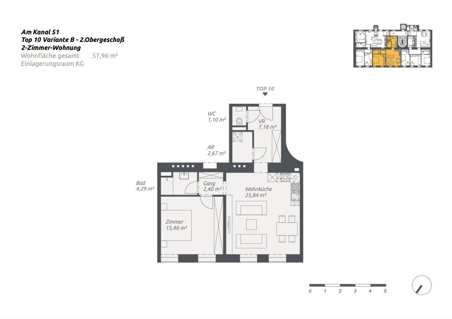 Grundriss einer 2-Zimmer-Wohnung im Obergeschoss mit Wohnküche und separatem WC.