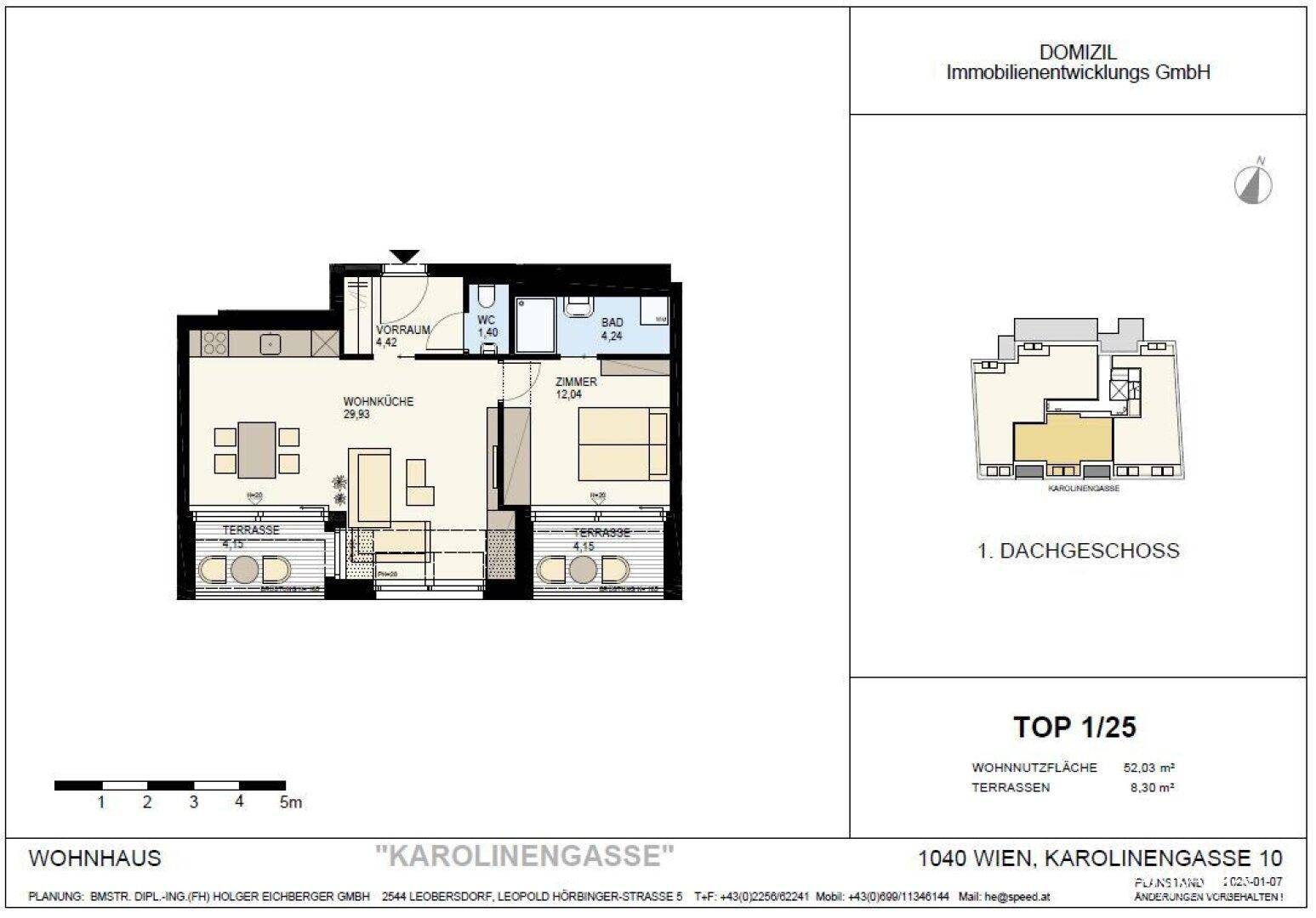 Grundriss einer modernen Wohnung mit offenem Wohn-Essbereich, einem Schlafzimmer, Bad, separatem WC und zwei Terrassen.