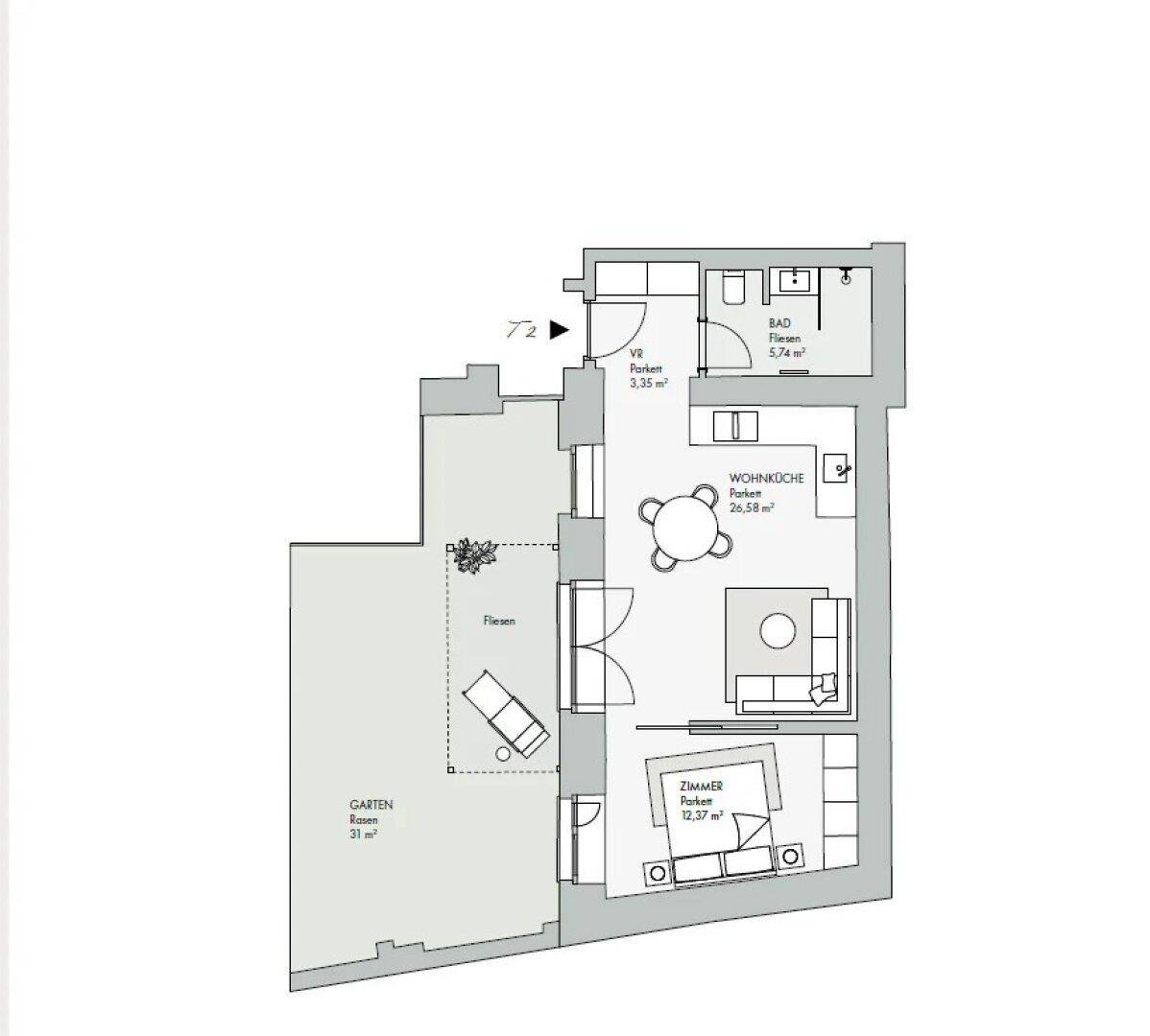 Grundriss einer Wohnung mit Wohnküche, Zimmern, Bad und Gartenbereich.
