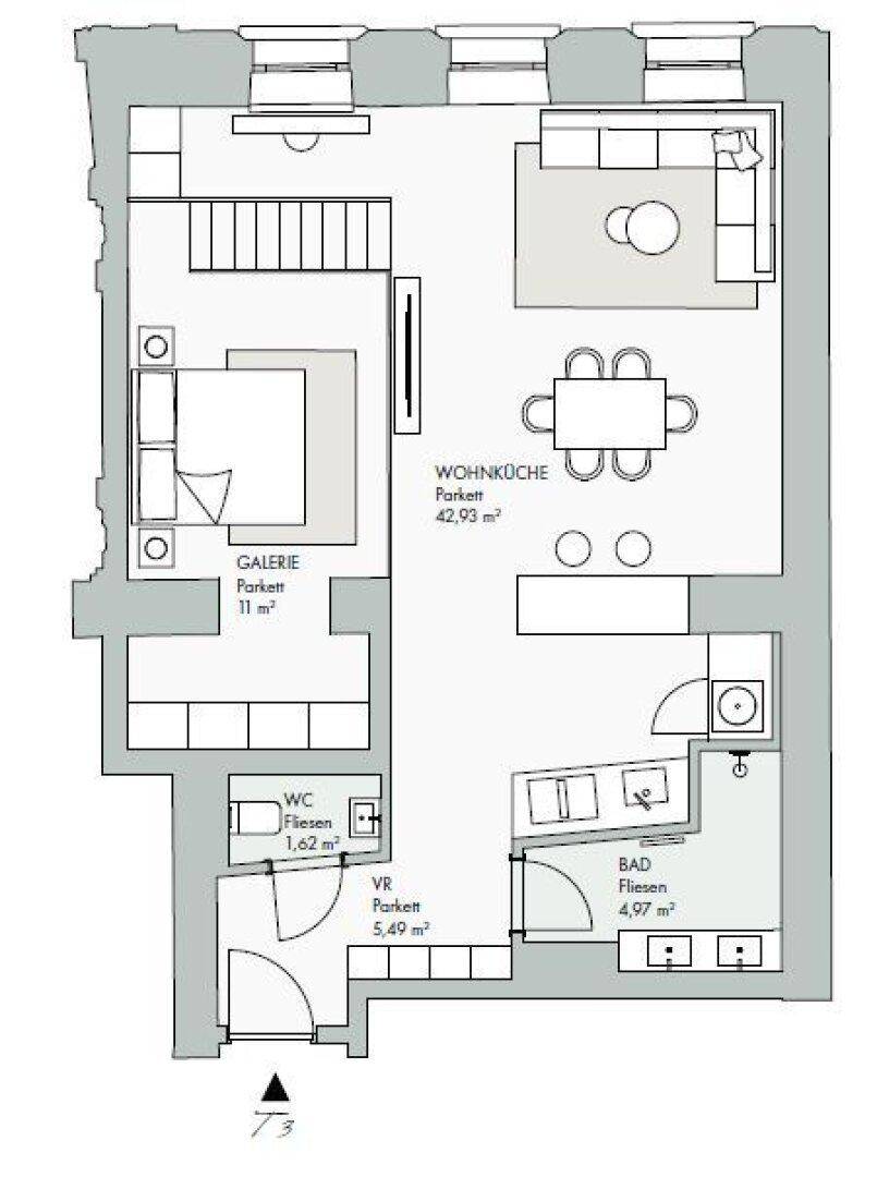 Grundriss einer Wohnung mit offener Wohnküche, Galerie als Schlafbereich und separatem WC.