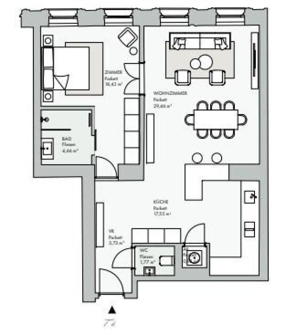 Grundriss einer Wohnung mit Schlafzimmer, Wohnzimmer, Küche, Bad und separatem WC.