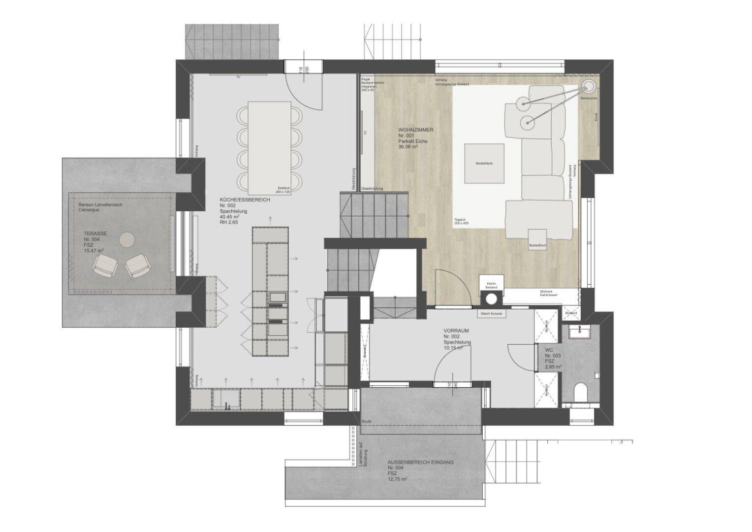 Grundriss des Erdgeschosses mit offenem Wohn-, Ess- und Küchenbereich sowie Terrasse.