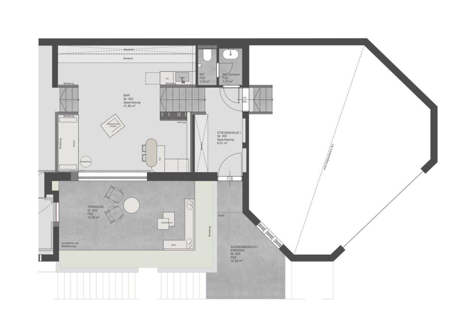 Grundriss des Untergeschosses mit Barbereich, Terrasse und zusätzlichem Abstellraum.
