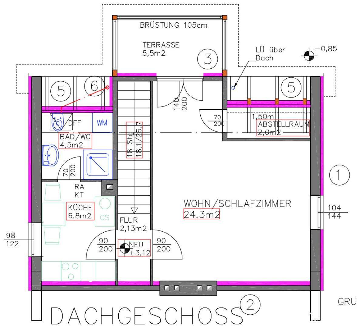 Grundriss des Dachgeschosses mit Wohn-/Schlafzimmer, Küche, Bad und Terrasse.