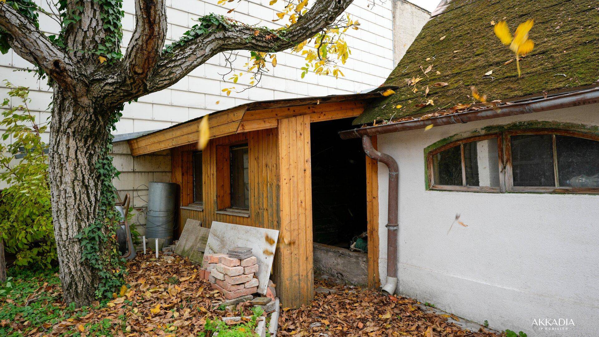 Rustikales Nebengebäude im Garten mit Holzwänden und herbstlichem Laub.