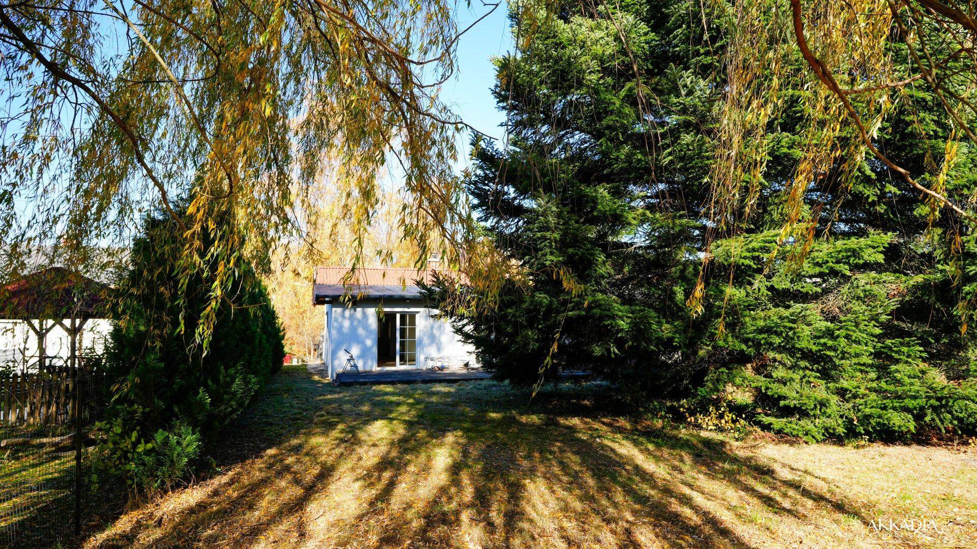 Weitläufiger Garten mit Bäumen und Blick auf das Haus im Hintergrund.