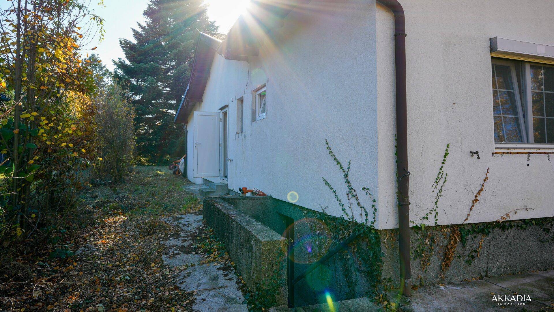 Seitenansicht des Hauses mit Eingang und Blick auf den Garten.