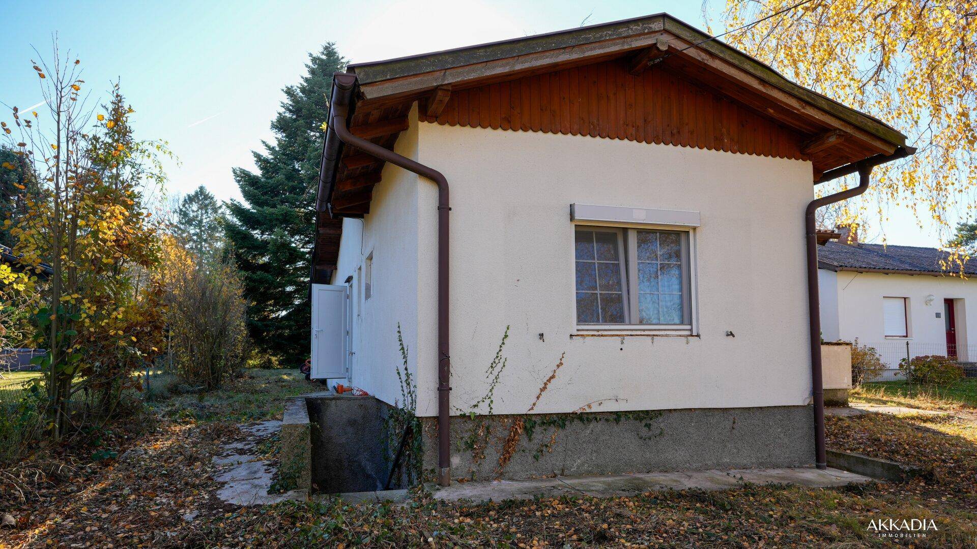 Seitenansicht des Hauses mit Fenstern und herbstlicher Umgebung.