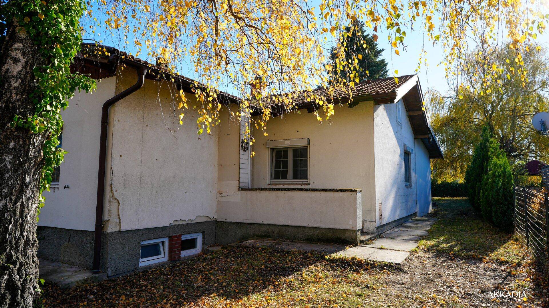 Seitenansicht des Hauses mit Fenstern und herbstlicher Vegetation im Garten.