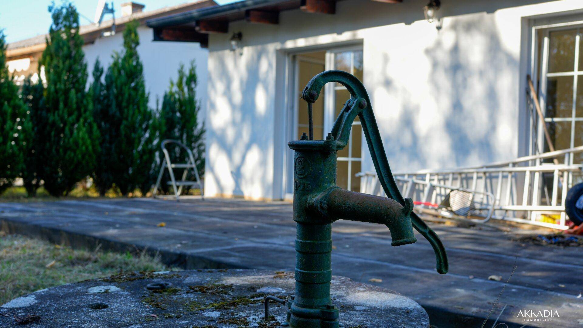 Alter Gartenbrunnen auf der Terrasse, umgeben von Grün und Baumaterialien.