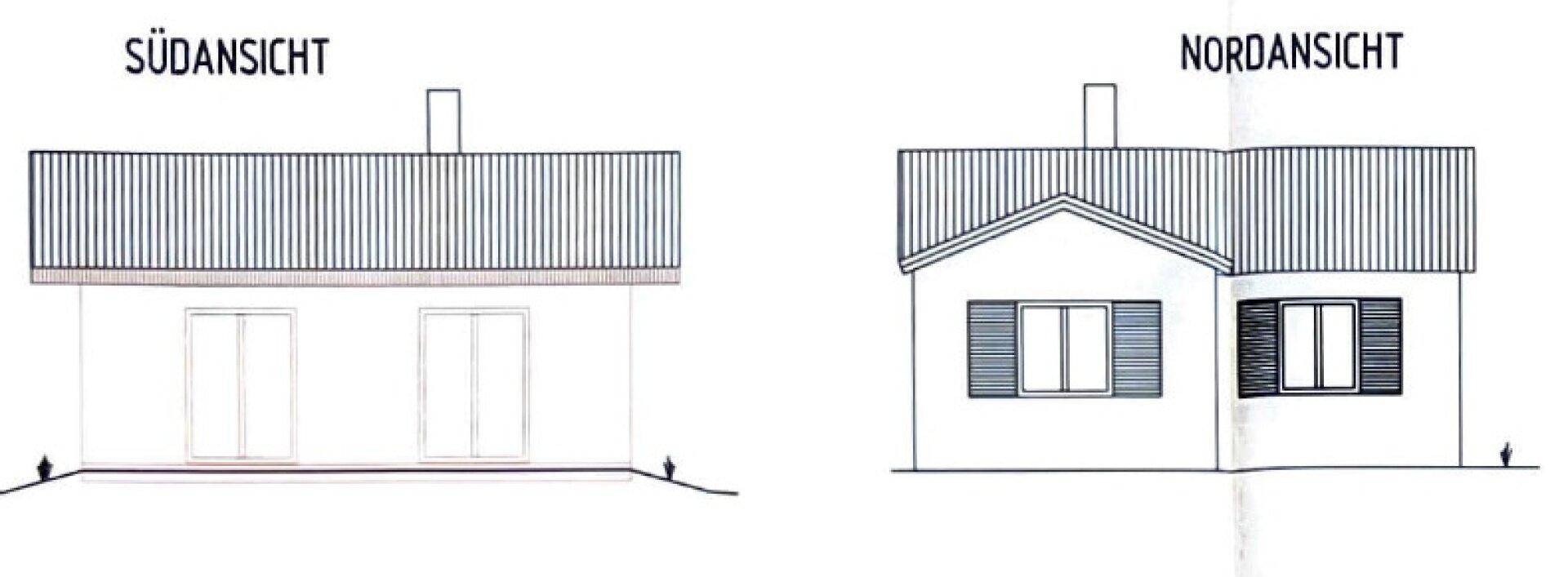 Süd- und Nordansicht des Hauses mit Fenster- und Türpositionen.