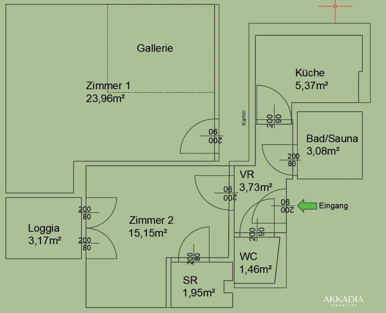 Detaillierter Grundriss der Wohnung mit Zimmern, Küche, Bad/Sauna und Loggia.