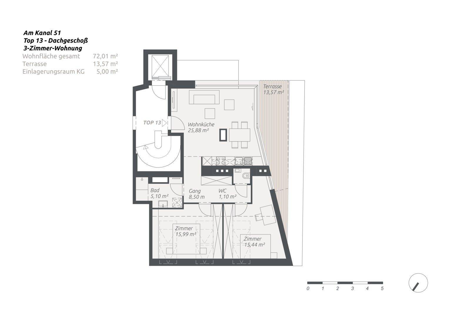 Grundriss einer 3-Zimmer-Wohnung im Dachgeschoss mit Terrasse und klarem Layout.