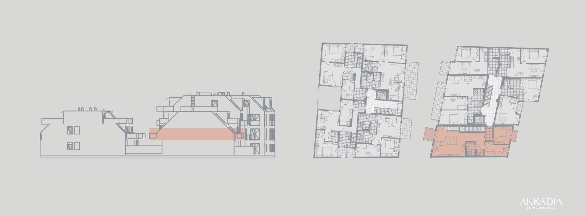 Architektonische Darstellung des Gebäudes mit Schnittansicht und Grundrissübersichten.