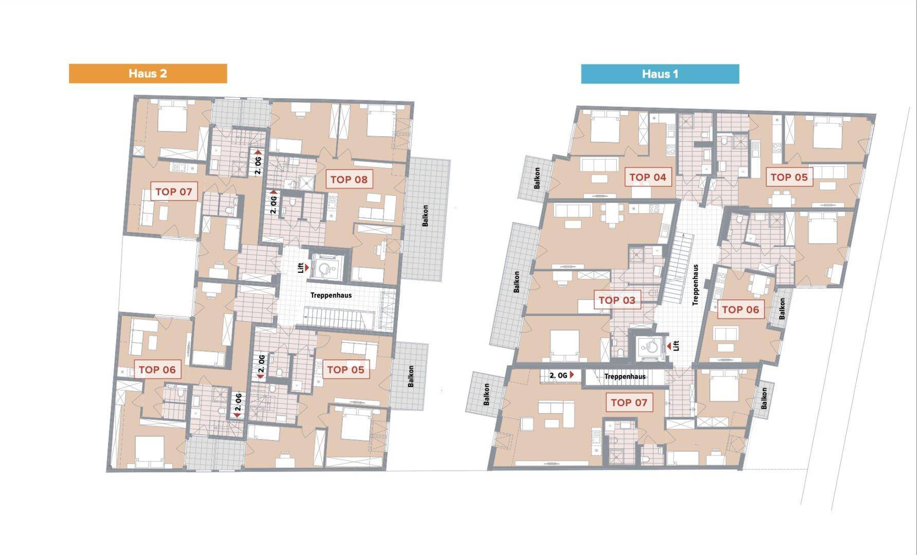 Übersichtsgrundriss für Haus 1 und Haus 2 mit mehreren Wohneinheiten und Balkonen.