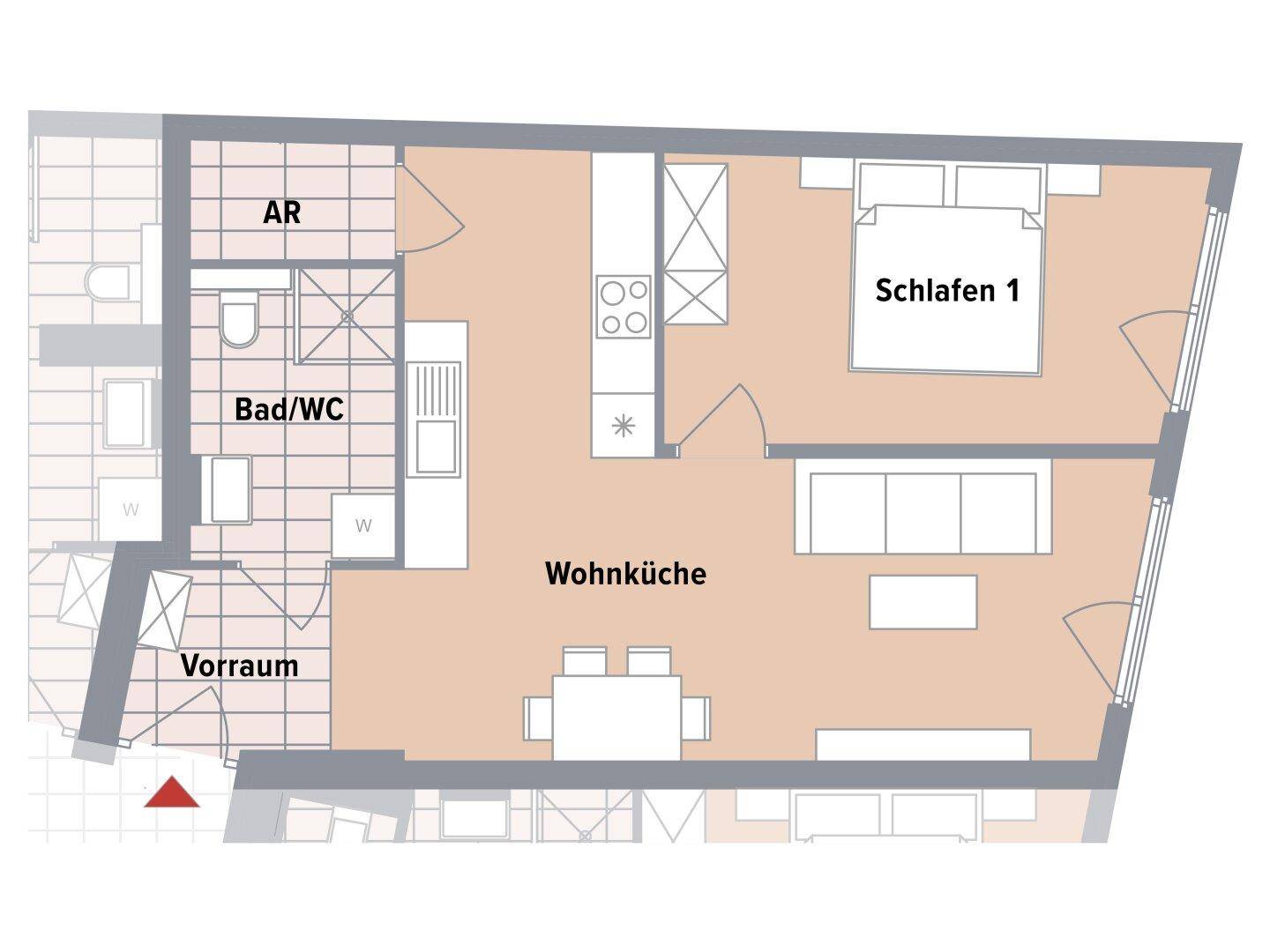 Grundriss einer Wohnung mit Wohnküche, Schlafzimmer, Bad und Vorraum.