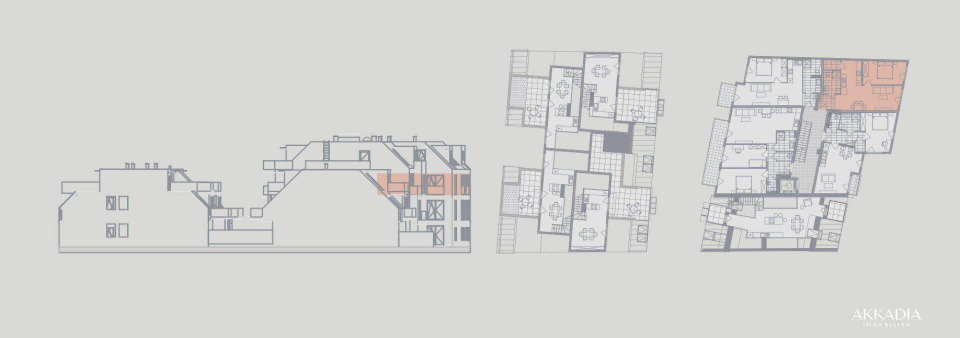 Architektonische Zeichnungen mit Seitenansicht und Grundrissen der Wohneinheiten.
