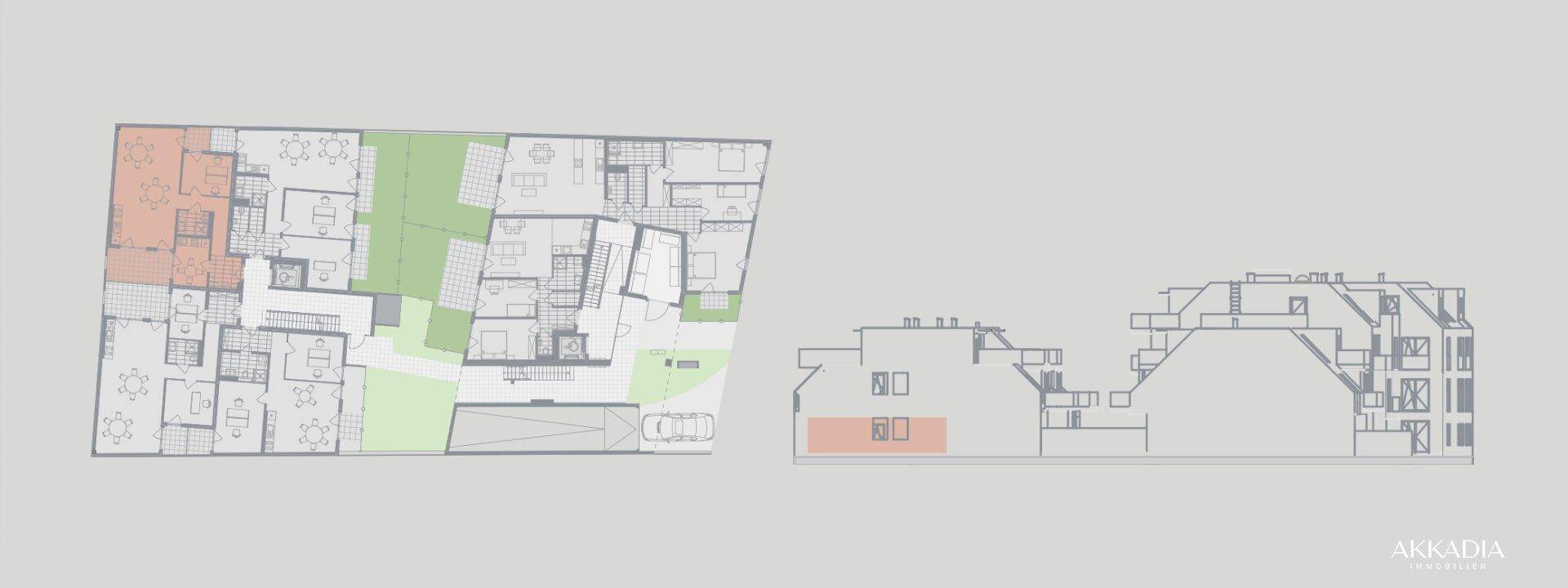 Übersichtlicher Grundriss und Seitenansicht des Gebäudekomplexes in schematischer Darstellung.