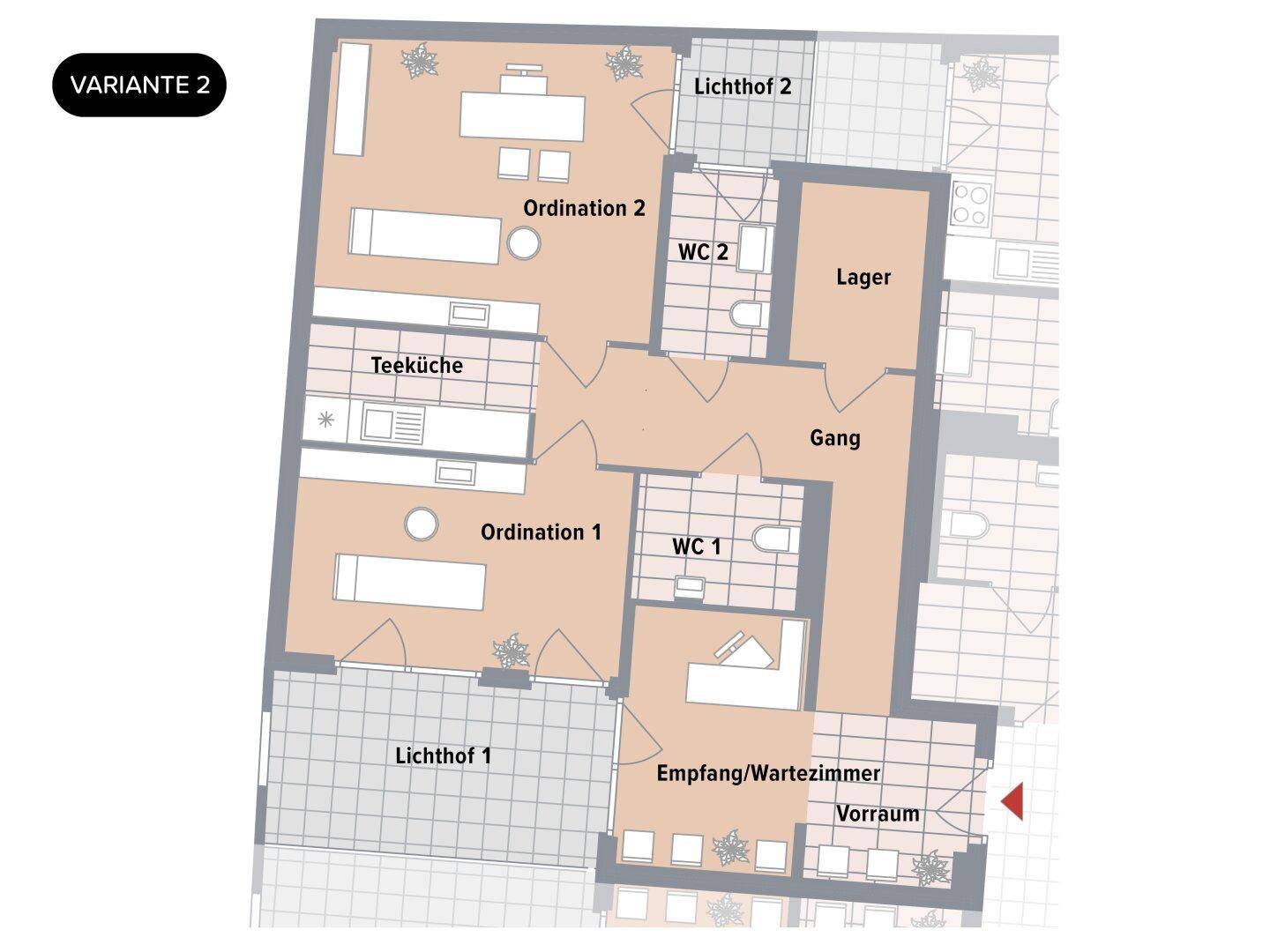 Grundriss Variante 2 mit zwei Ordinationsräumen, Teeküche, Empfangsbereich und zwei Toiletten.
