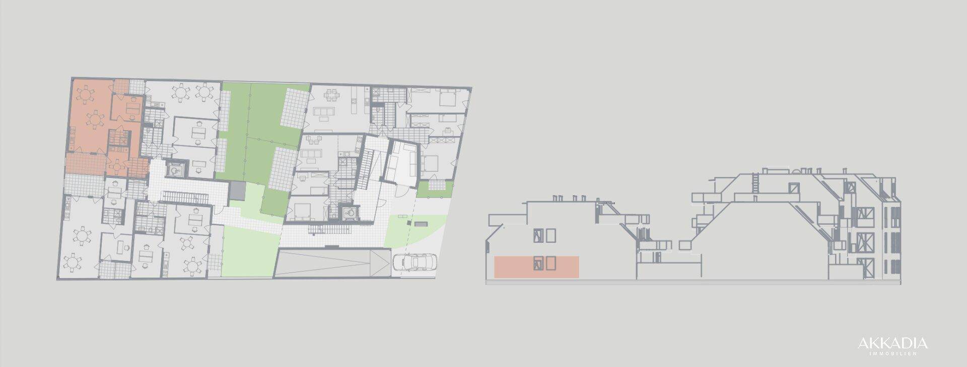 Übersichtsplan mit Grundriss und Seitenansicht eines Gebäudekomplexes, der verschiedene Einheiten zeigt.